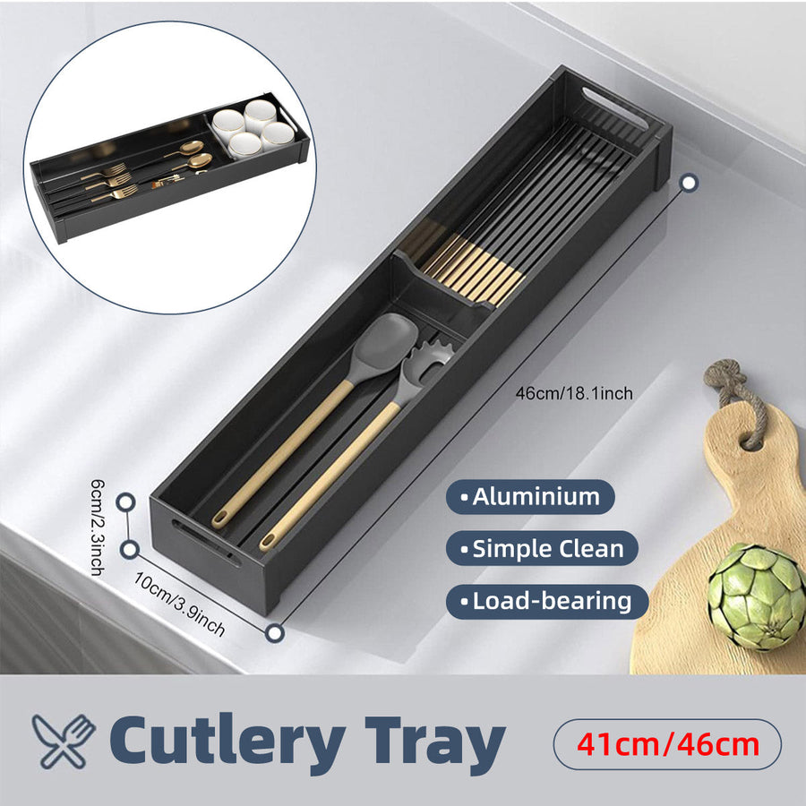 Premium Aluminium Cutlery Tray – Black 46 x 10cm with Adjustable Divider