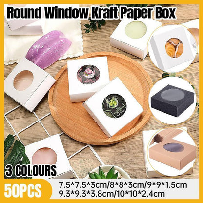 50PCS Kraft Paper Box with Round Window for Handmade Soap & Candy - Khaki 7.5x7.5x3CM