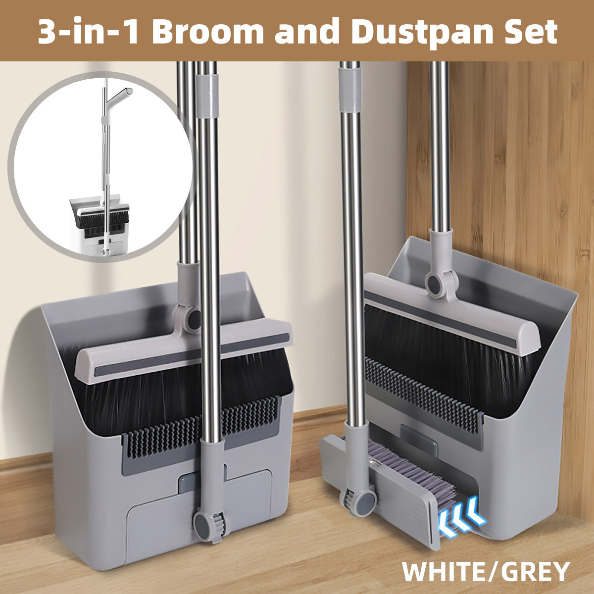 3-in-1 Broom Set with Dustpan and Floor Brush - Compact Cleaning Tool - White