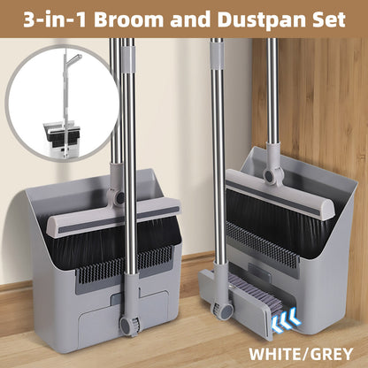 3-in-1 Broom Set with Dustpan and Floor Brush - Compact Cleaning Tool - White