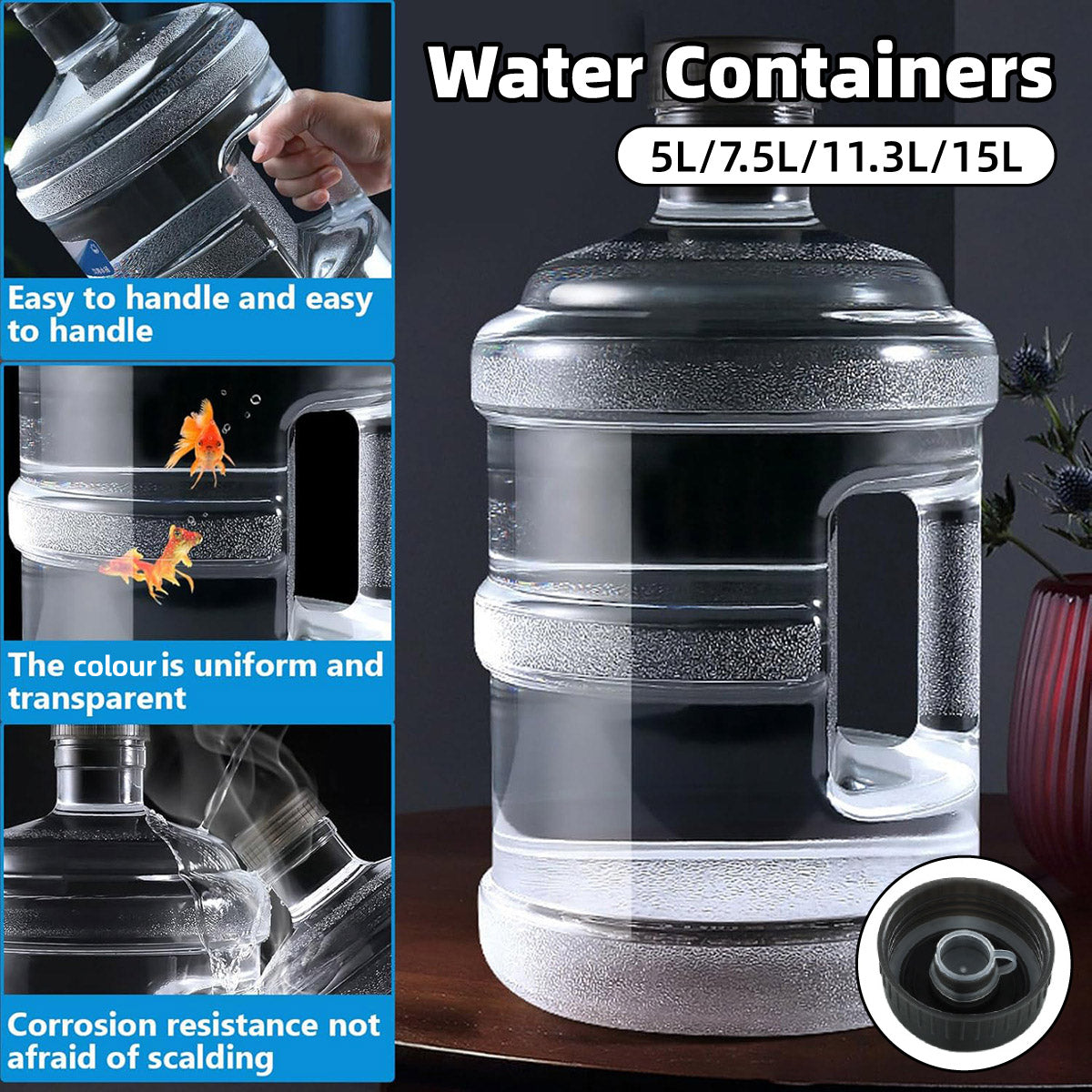 Food Grade Portable Water Storage Jug 11.3L - Clear PC Tank with Secure Cap