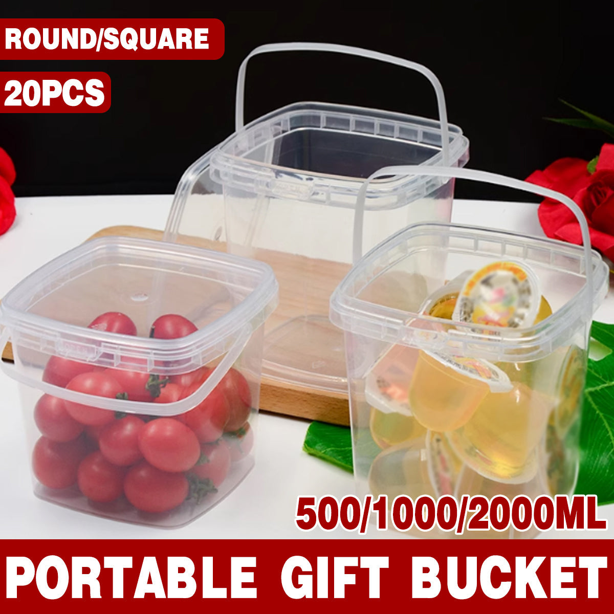 Premium Transparent Round Plastic Buckets with Lids – 1000ml, 20 Pack
