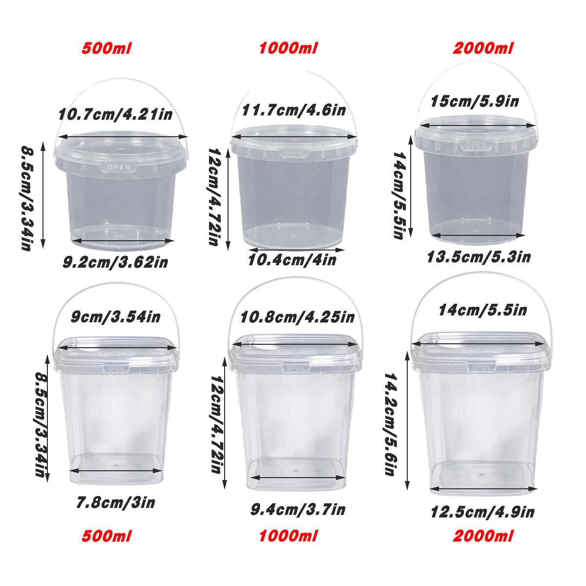 Premium Transparent Round Plastic Buckets with Lids – 1000ml, 20 Pack