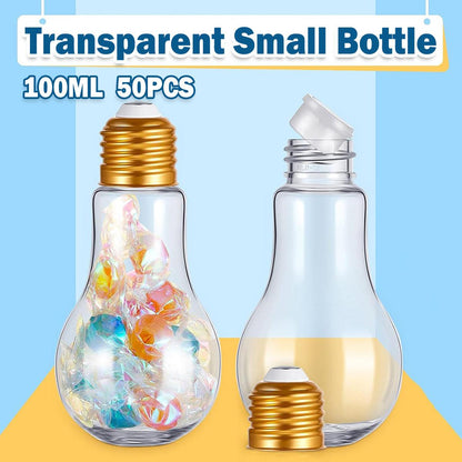 50x Plastic Bulb Bottles 100ml Candy Jar Storage Containers - Transparent/Gold Lid