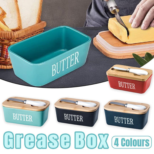 Butter Box with Knife Rectangular Cheese Container with Wooden Lid for Kitchen - Black
