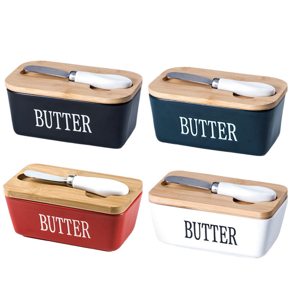 Butter Box with Knife Rectangular Cheese Container with Wooden Lid for Kitchen - Black - SuperSaverAU - view 2