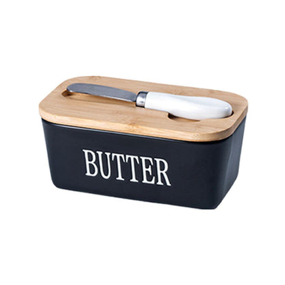 Butter Box with Knife Rectangular Cheese Container with Wooden Lid for Kitchen - Black