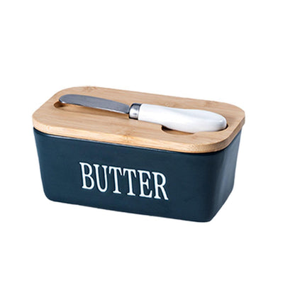Butter Box with Knife Rectangular Cheese Container with Wooden Lid for Kitchen - Black