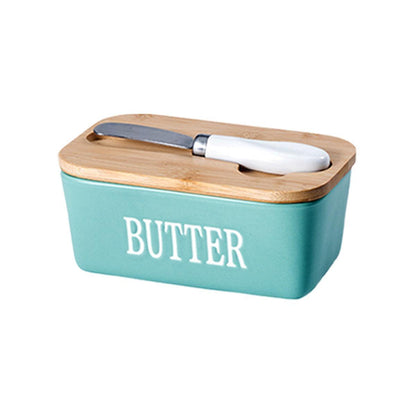 Butter Box with Knife Rectangular Cheese Container with Wooden Lid for Kitchen - Black