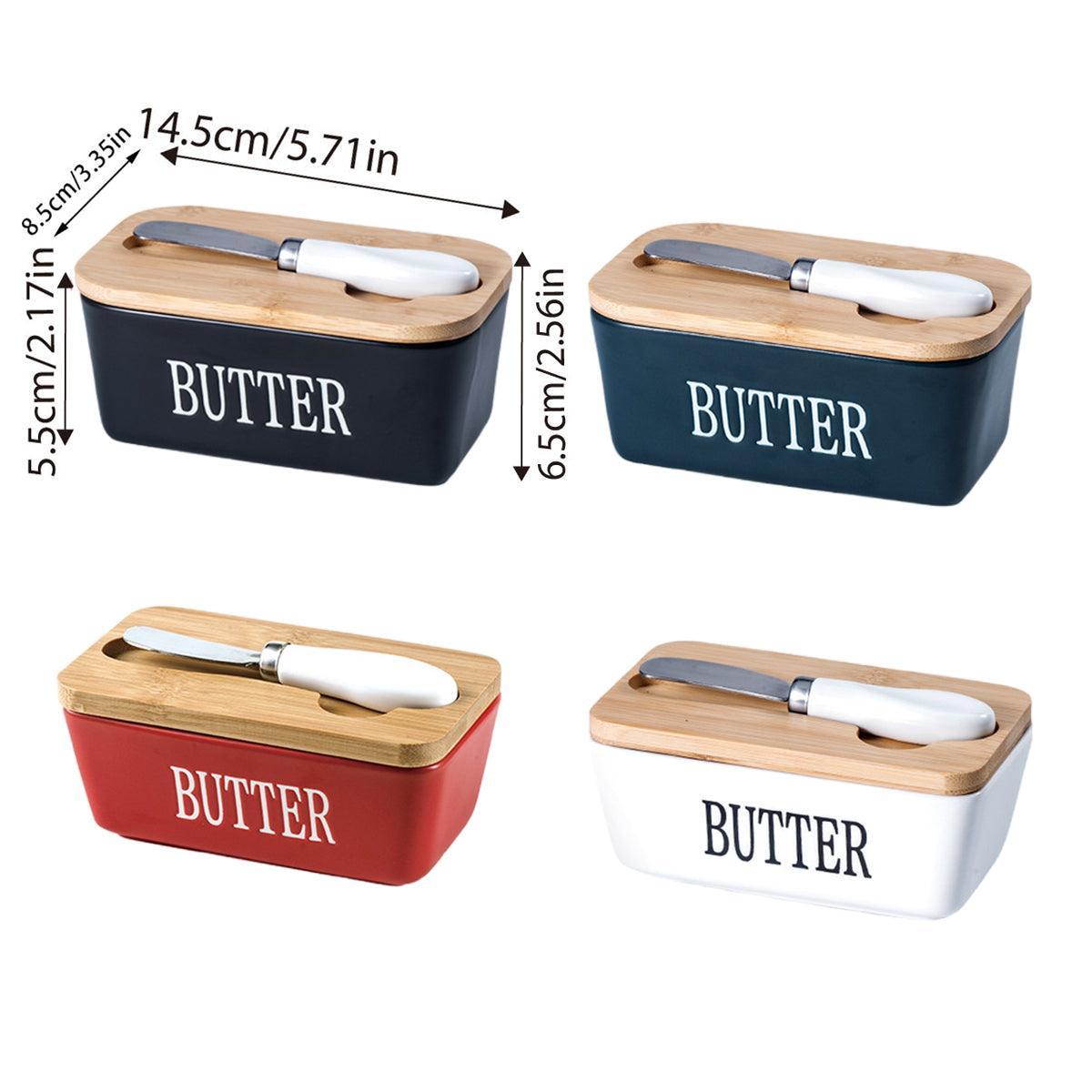 Butter Box with Knife Rectangular Cheese Container with Wooden Lid for Kitchen - Blue - SuperSaverAU - view 2