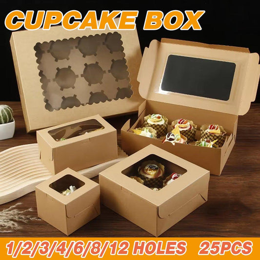 25PCS Paper Cupcake Boxes with Window - Eco-Friendly Gift Packaging, 6 Holes