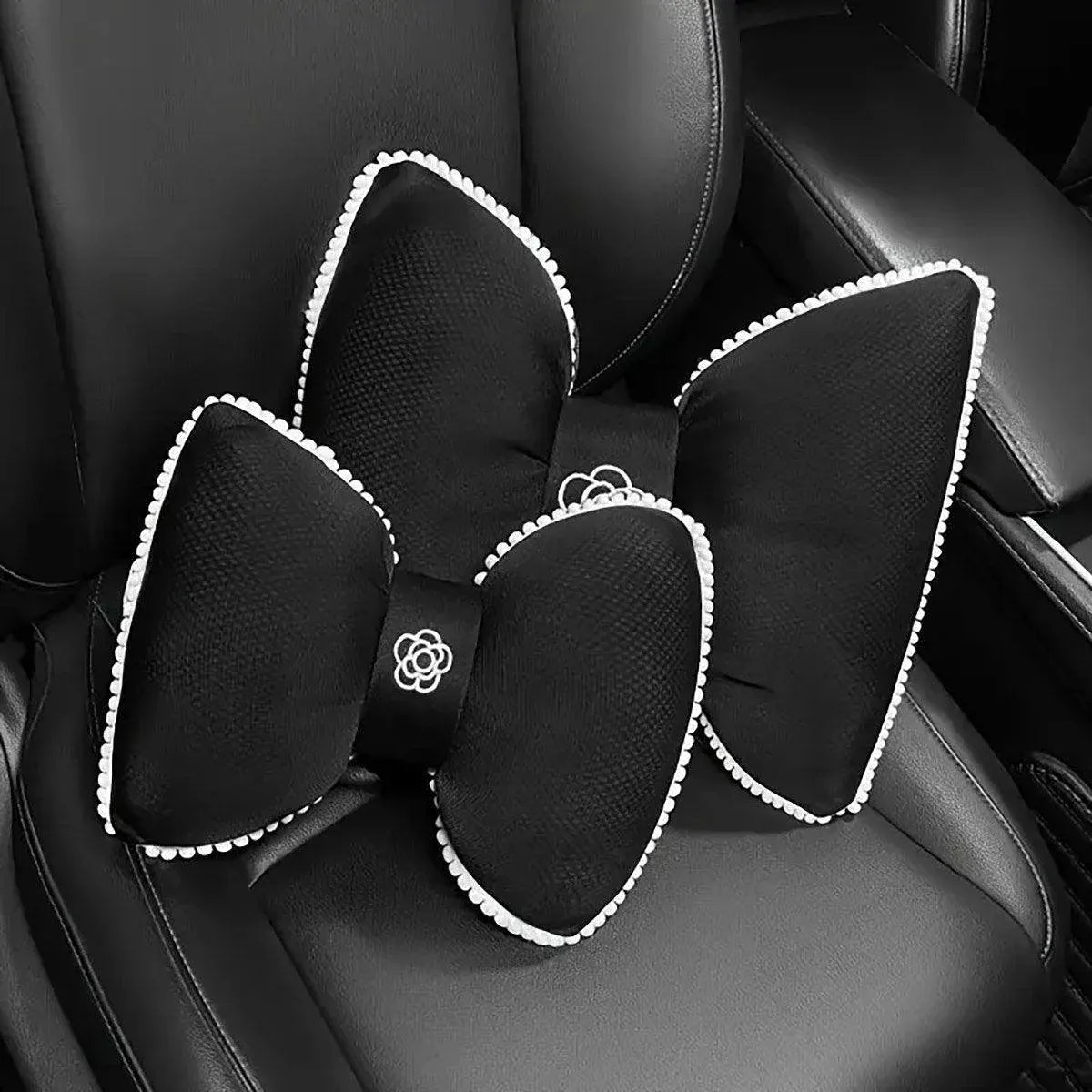 Premium Black Bowknot Car Headrest Neck Pillow with Camellia Detail