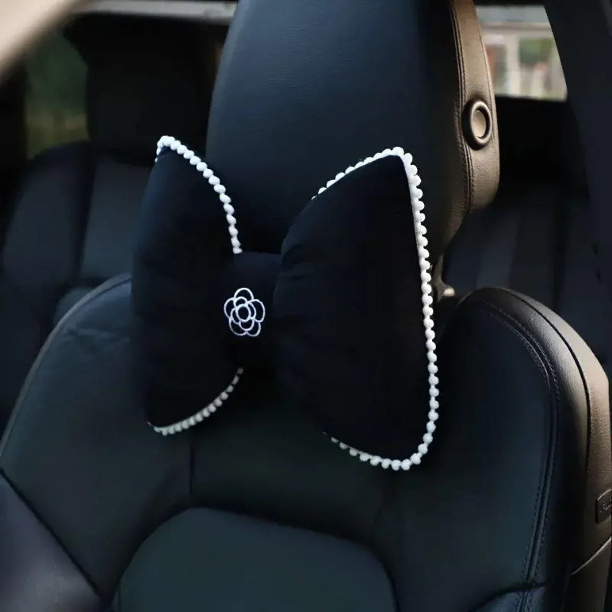 Premium Black Bowknot Car Headrest Neck Pillow with Camellia Detail