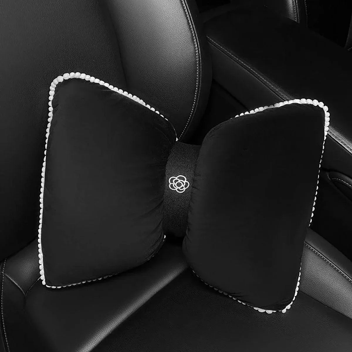 Premium Black Bowknot Car Headrest Neck Pillow with Camellia Detail