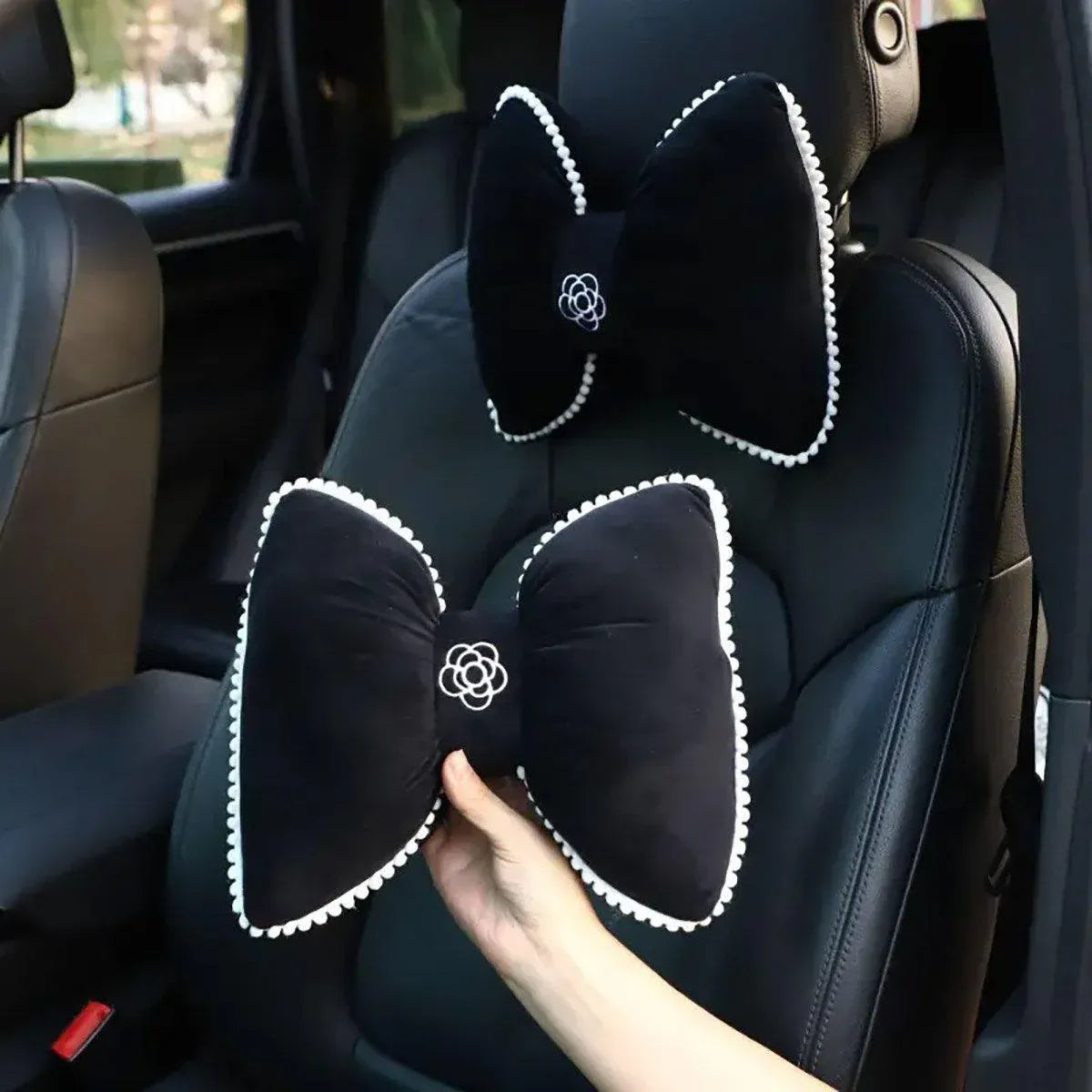 Premium Black Bowknot Car Headrest Neck Pillow with Camellia Detail