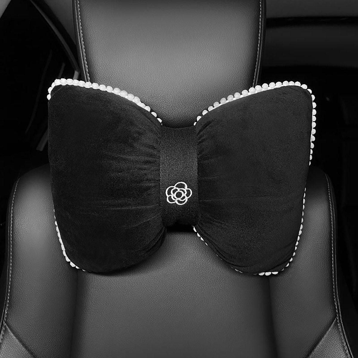 Premium Black Bowknot Car Headrest Neck Pillow with Camellia Detail