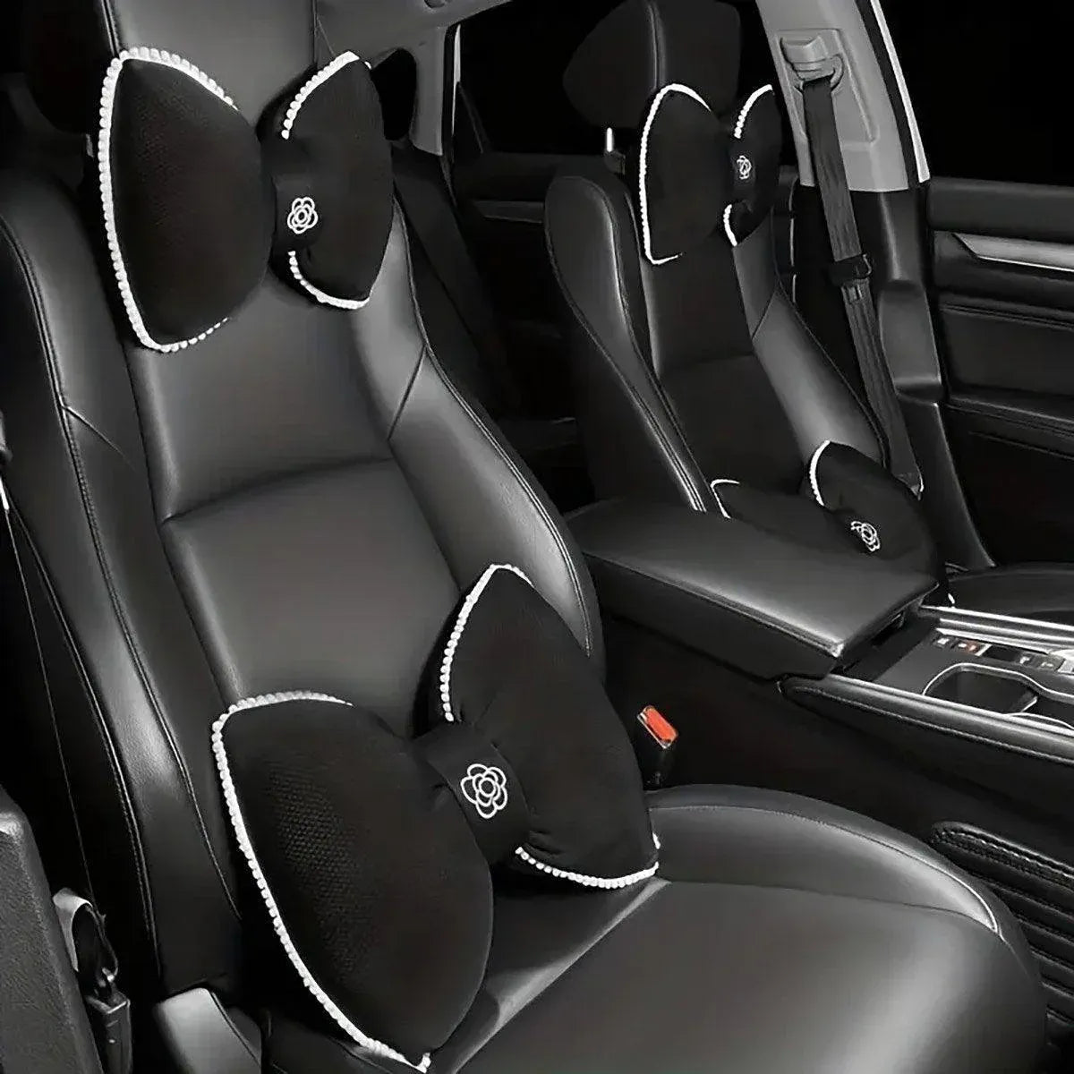 Premium Black Bowknot Car Headrest Neck Pillow with Camellia Detail