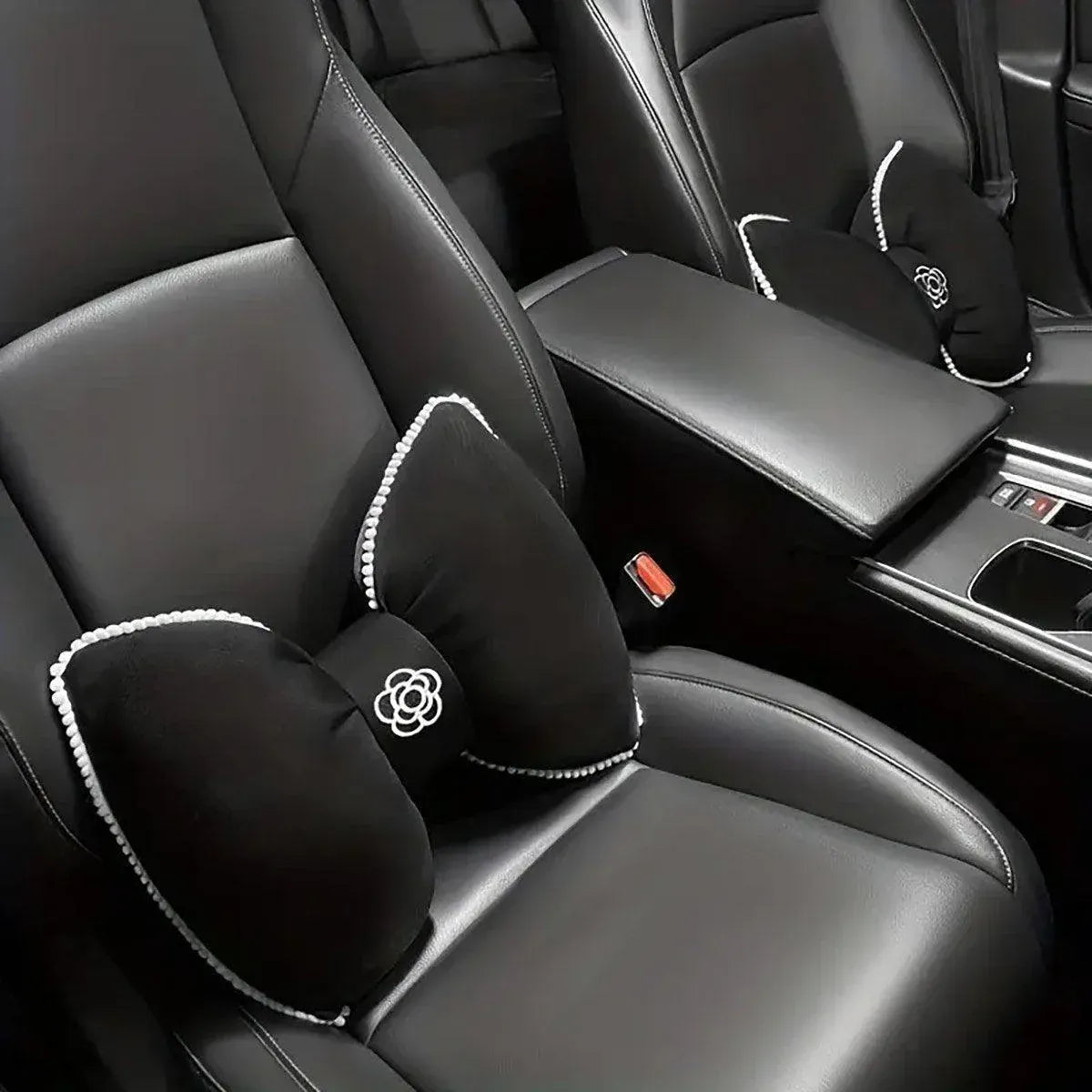 Premium Black Bowknot Car Headrest Neck Pillow with Camellia Detail