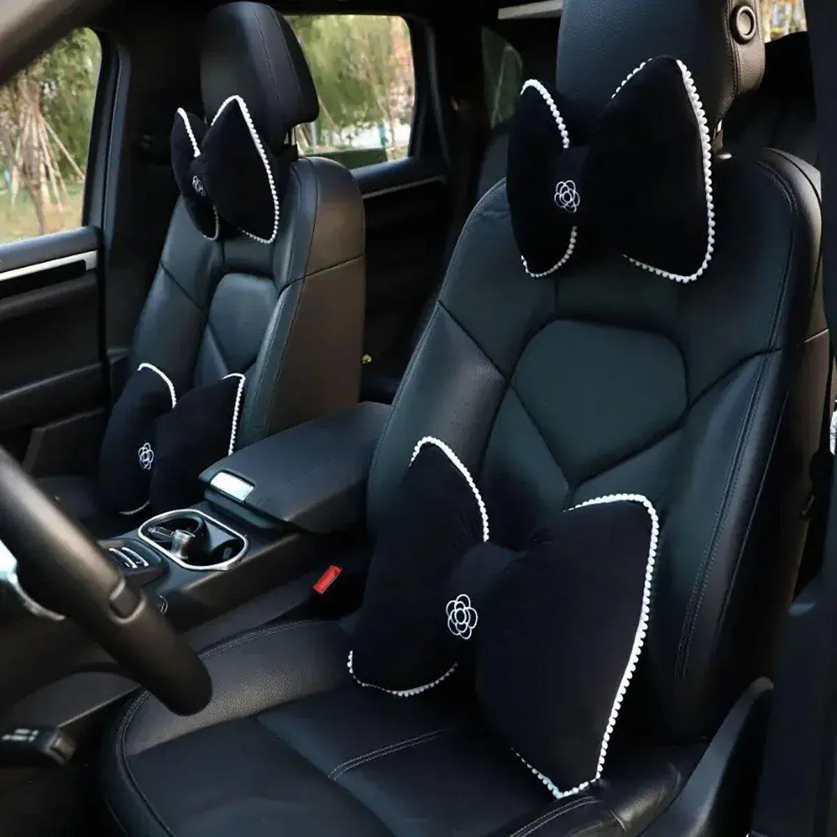 Premium Black Bowknot Car Headrest Neck Pillow with Camellia Detail