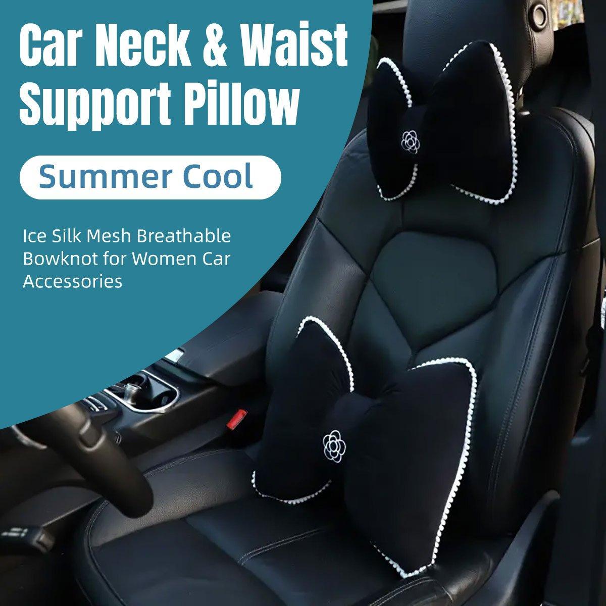 Premium Black Bowknot Car Waist Support Pillow with Camellia Detail
