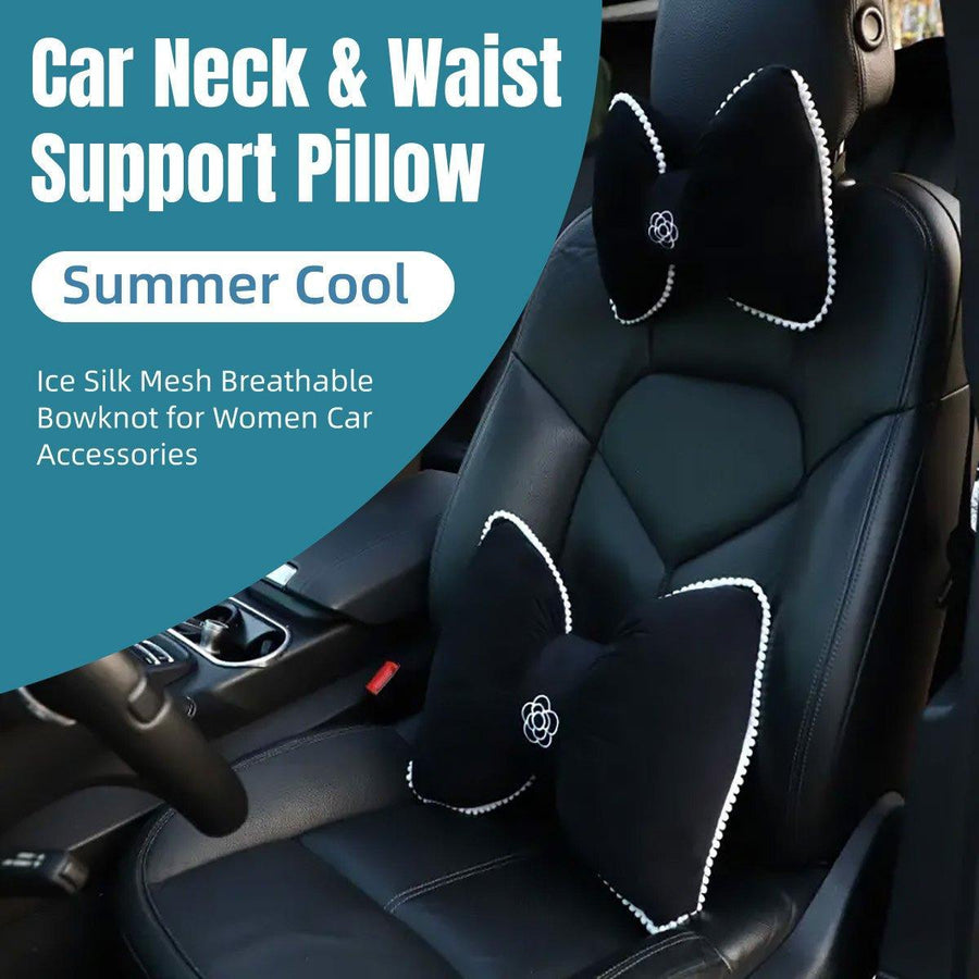 Premium Black Bowknot Car Waist Support Pillow with Camellia Detail