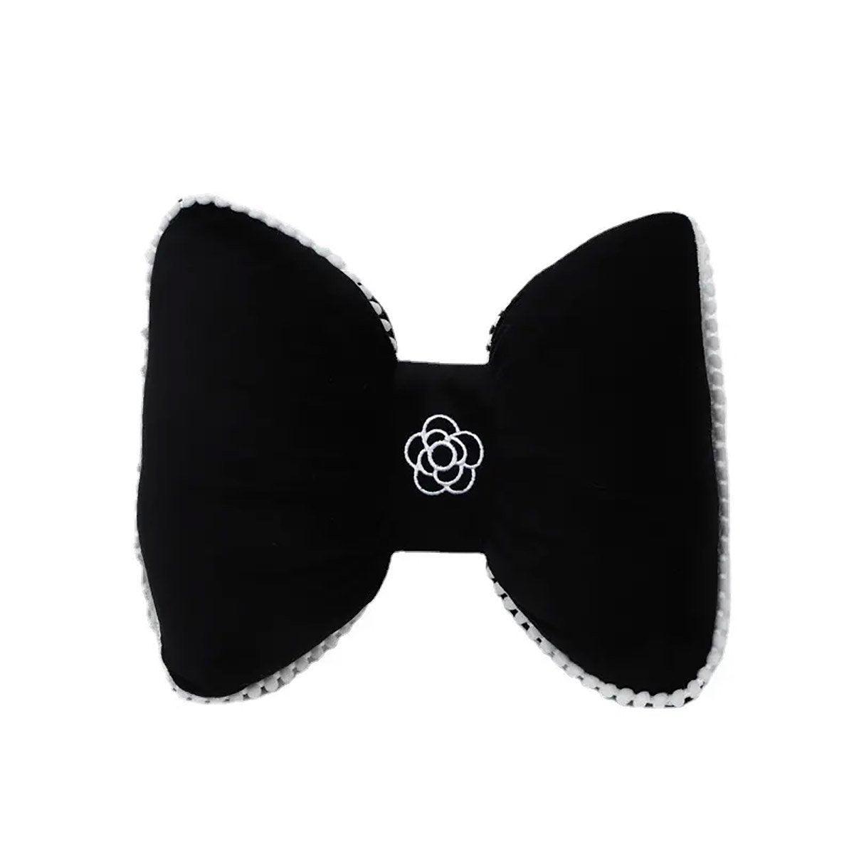 Premium Black Bowknot Car Waist Support Pillow with Camellia Detail