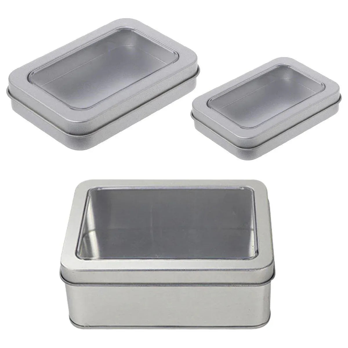 Premium 10 Pack Metal Tin Boxes with Clear Window 12.5x9x5cm