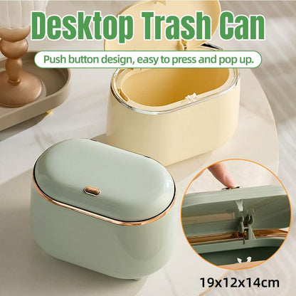 Small Desktop Trash Can Oval Pop Up Lid Rubbish Bin Waste Organizer Container - Beige