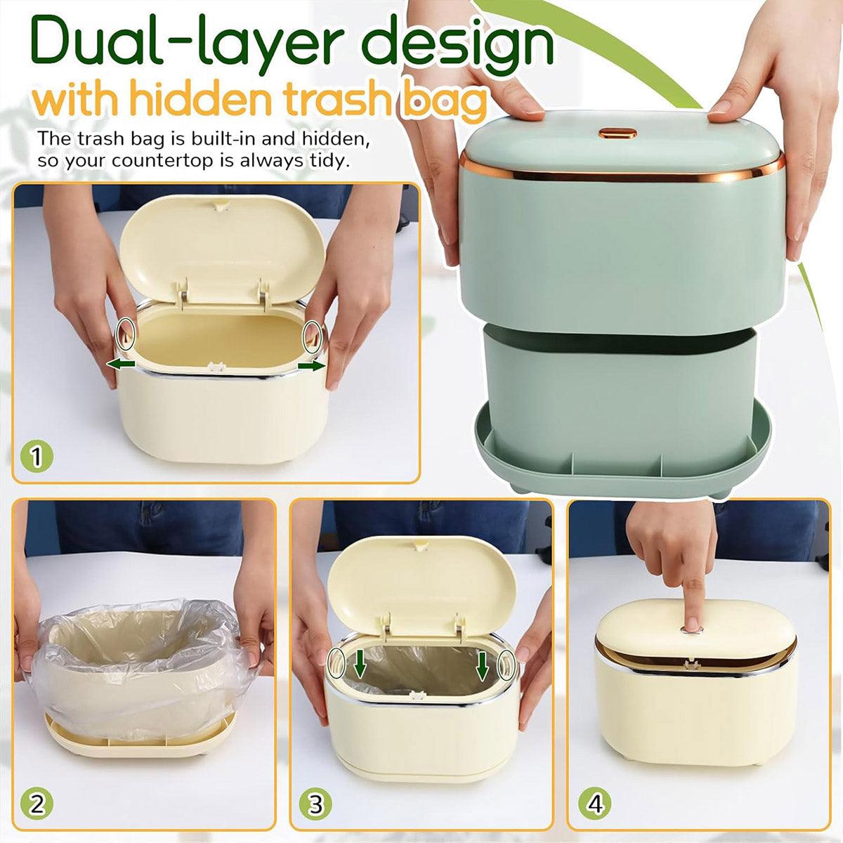 Small Desktop Trash Can Oval Pop Up Lid Rubbish Bin Waste Organizer Container - Beige