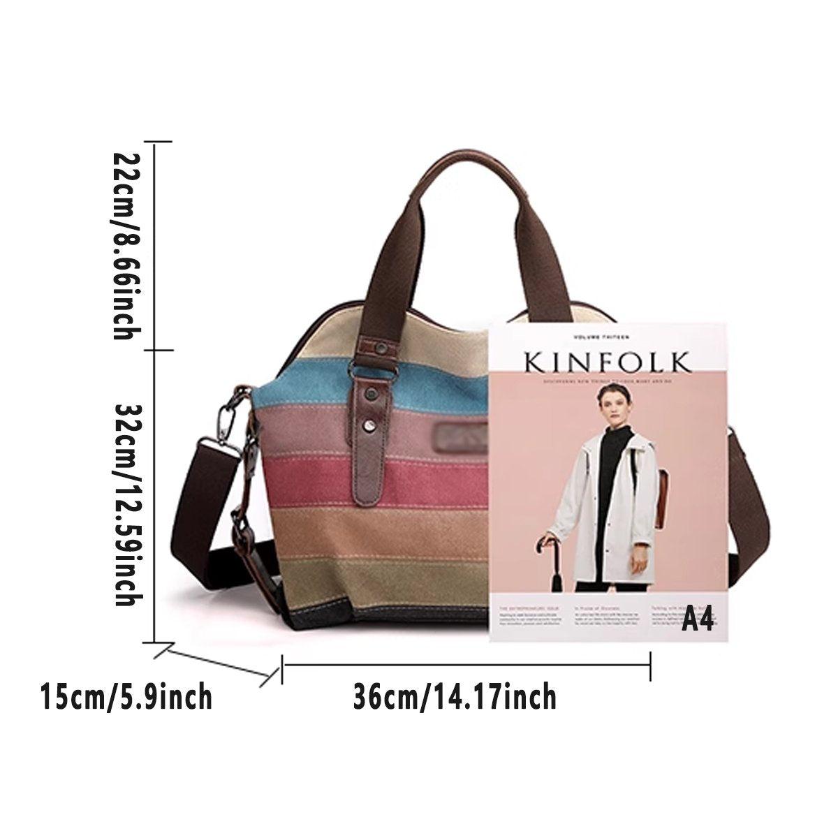 Premium Rainbow Stripe Canvas Patchwork Tote Bag