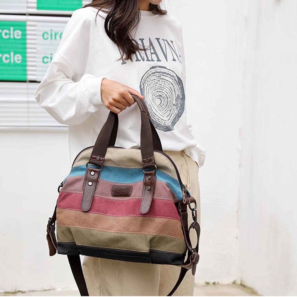 Premium Rainbow Stripe Canvas Patchwork Tote Bag