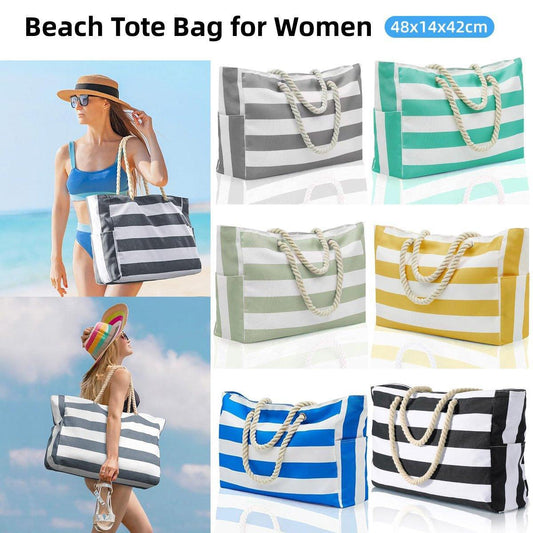 Large Bohemian Striped Canvas Beach Bag Zipper Tote for Travel Outdoor Vacation - Black