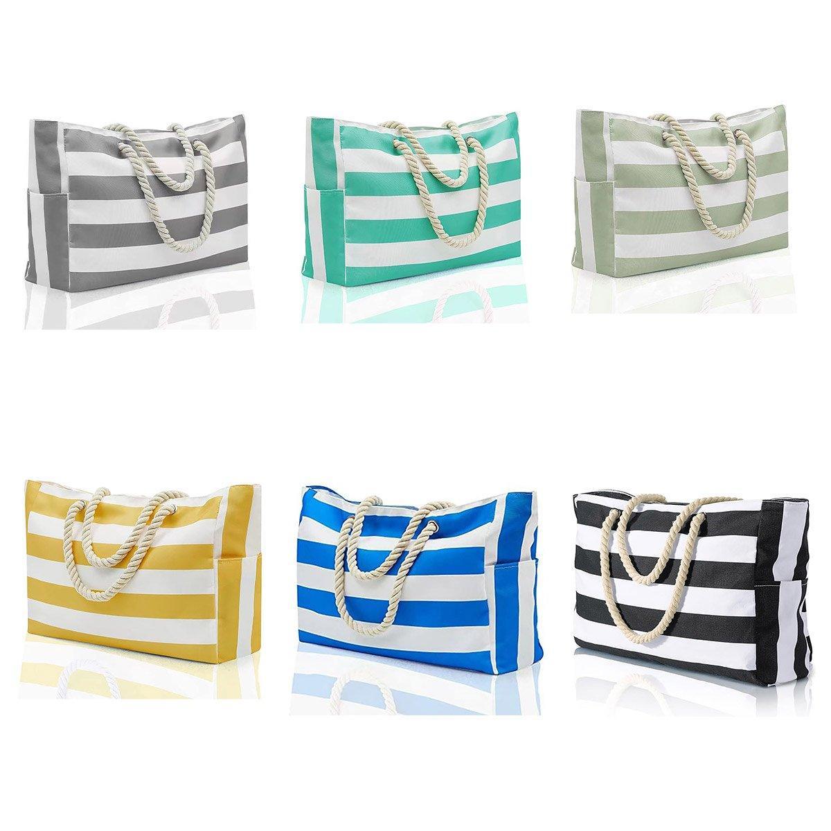 Large Bohemian Striped Canvas Beach Bag Zipper Tote for Travel Outdoor Vacation - Black - SuperSaverAU - view 2