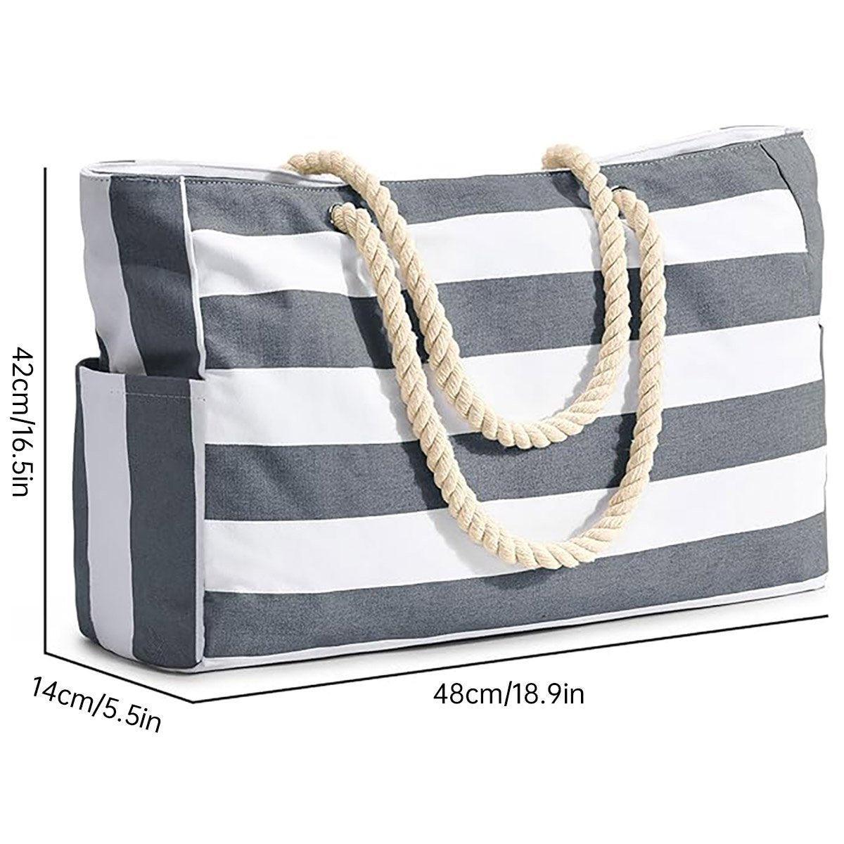 Large Bohemian Striped Canvas Beach Bag Zipper Tote for Travel Outdoor Vacation - Black - SuperSaverAU - view 3