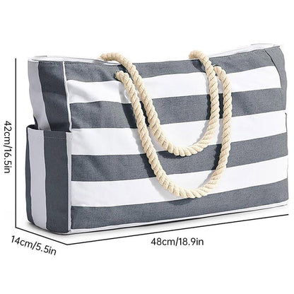 Large Bohemian Striped Canvas Beach Bag Zipper Tote for Travel Outdoor Vacation - Black