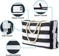 Large Bohemian Striped Canvas Beach Bag Zipper Tote for Travel Outdoor Vacation - Black - SuperSaverAU - view 4