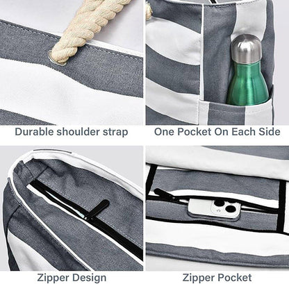 Large Bohemian Striped Canvas Beach Bag Zipper Tote for Travel Outdoor Vacation - Black