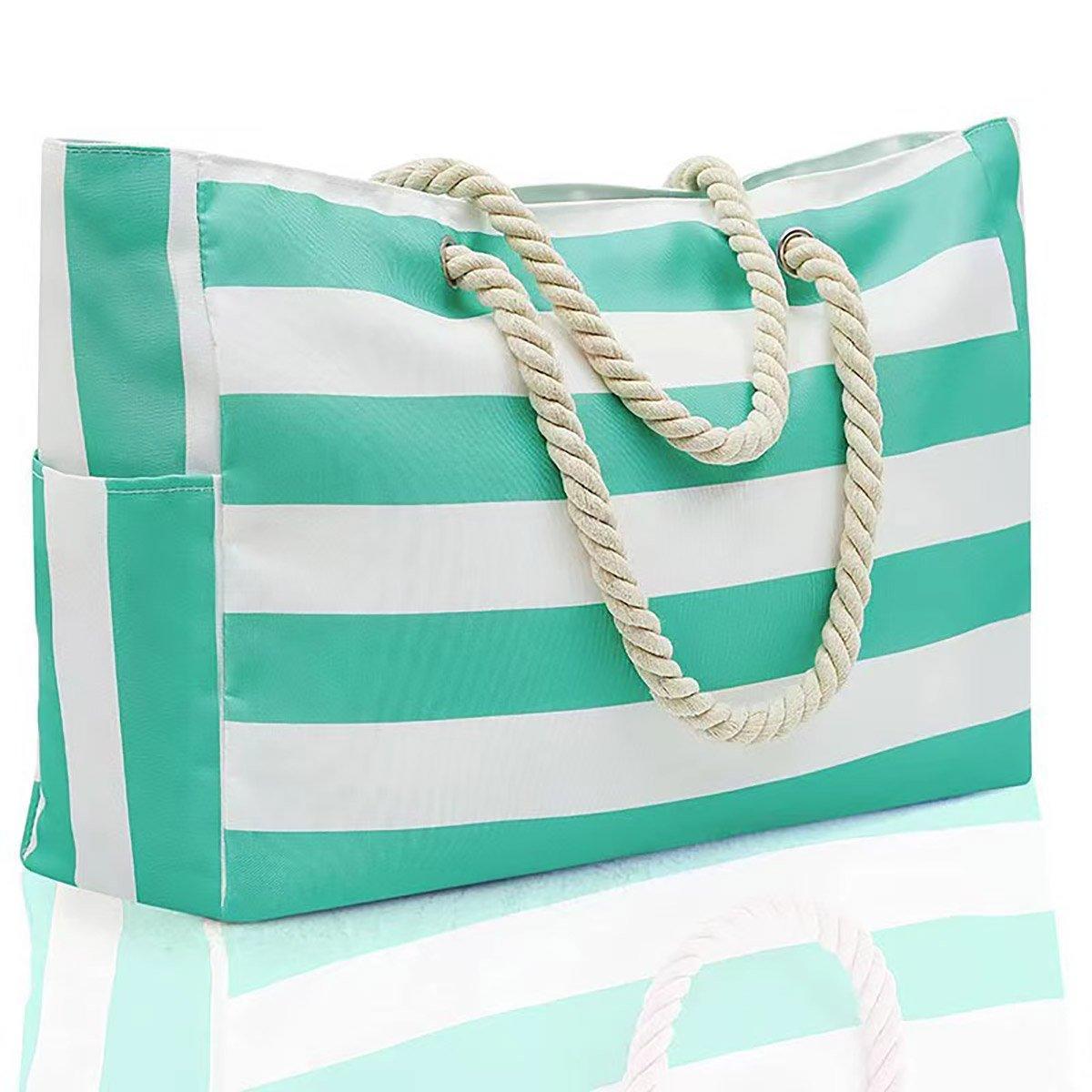 Large Bohemian Striped Canvas Beach Bag Zipper Tote for Travel Outdoor Vacation - Black - SuperSaverAU - view 9