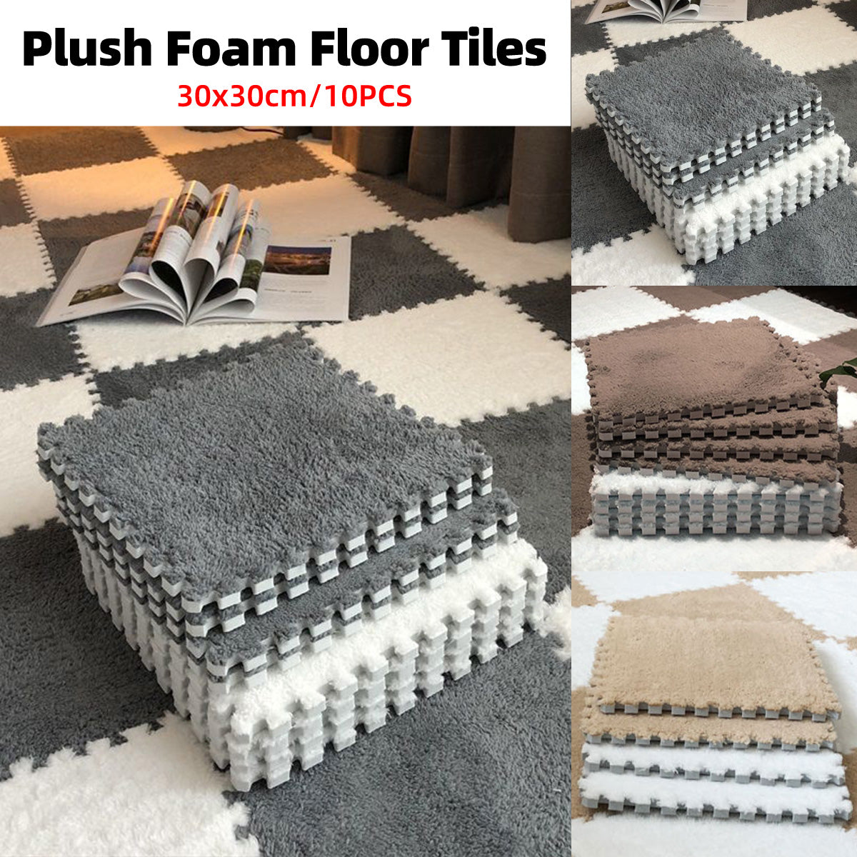 Camel-White Foam Floor Mats Set 10PCS, 30x30cm Shaggy Interlocking Tiles for Kids Room - SuperSaverAU - view 1