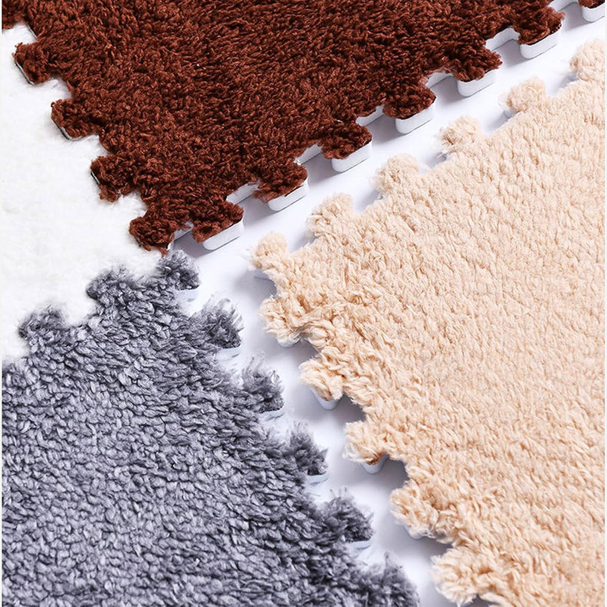 Camel-White Foam Floor Mats Set 10PCS, 30x30cm Shaggy Interlocking Tiles for Kids Room