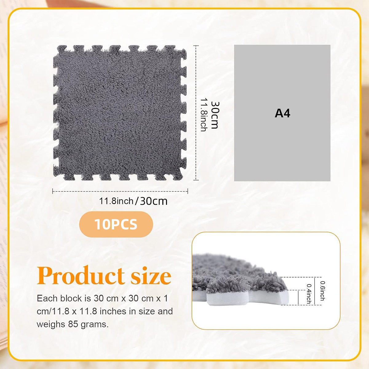 Camel-White Foam Floor Mats Set 10PCS, 30x30cm Shaggy Interlocking Tiles for Kids Room - SuperSaverAU - view 3