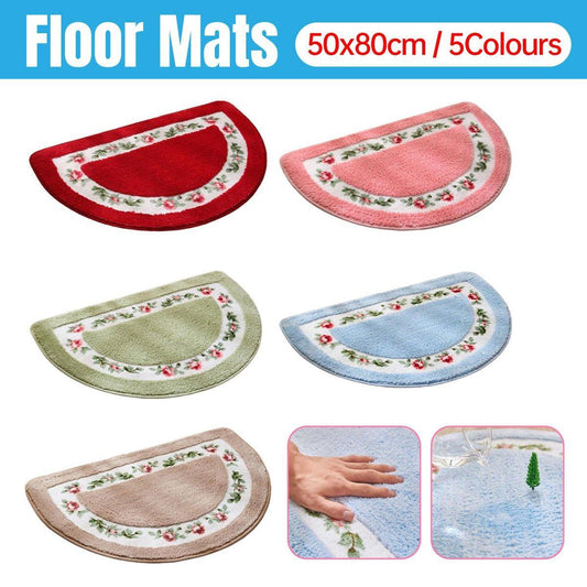 Floral Half-Round Entry Mat Non-Slip 50x80cm - Blue, Washable, Elegant Design