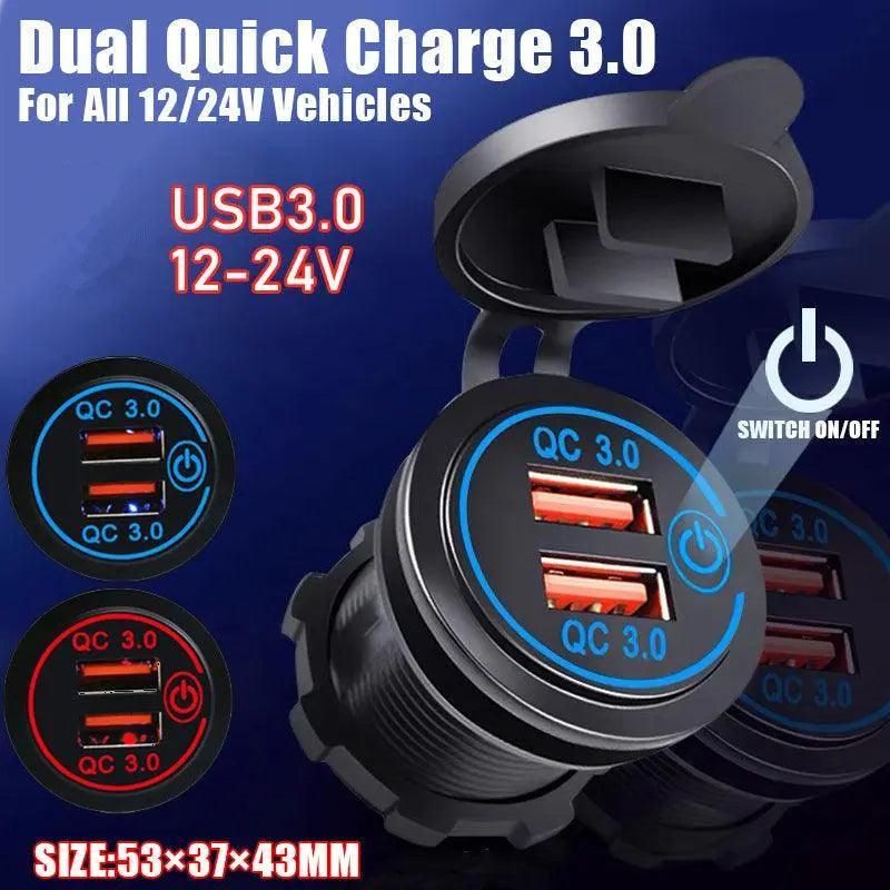 Premium Blue Dual USB QC 3.0 Car Charger 12V-24V Power Outlet