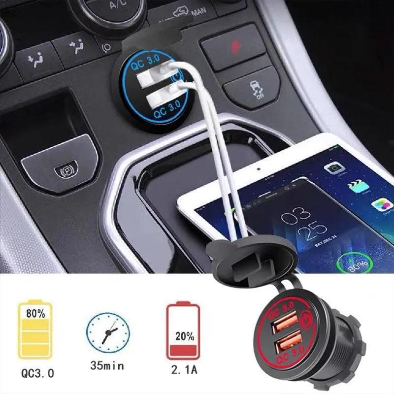 Premium Blue Dual USB QC 3.0 Car Charger 12V-24V Power Outlet
