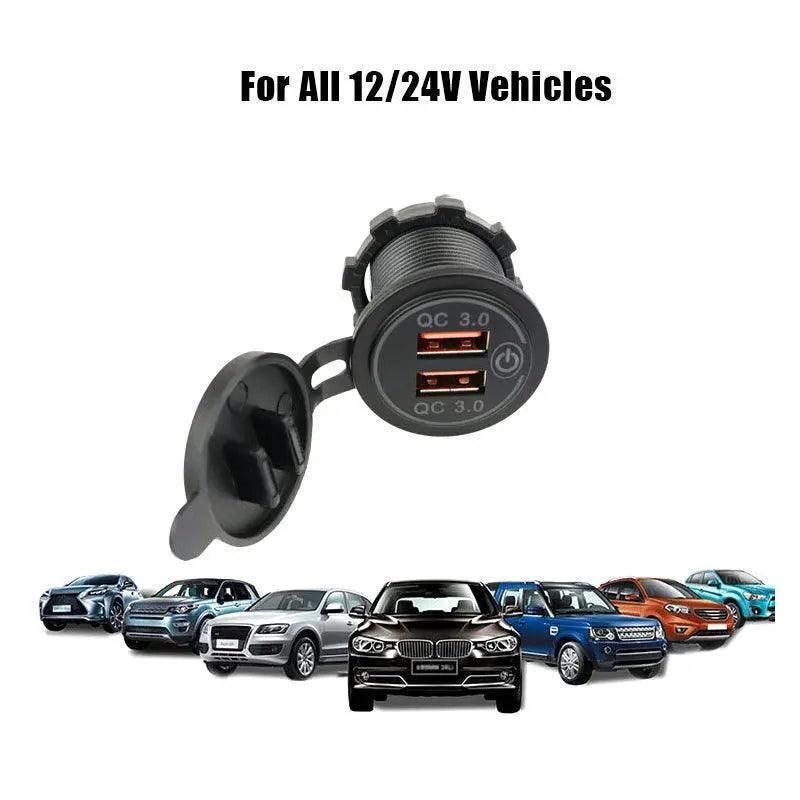 Premium Blue Dual USB QC 3.0 Car Charger 12V-24V Power Outlet