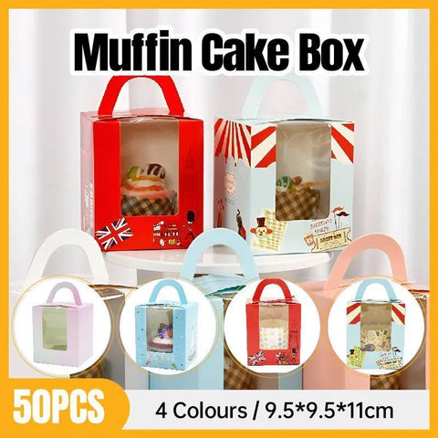 Premium Muffin Cake Boxes – England Style 50 Pack with Window & Handle