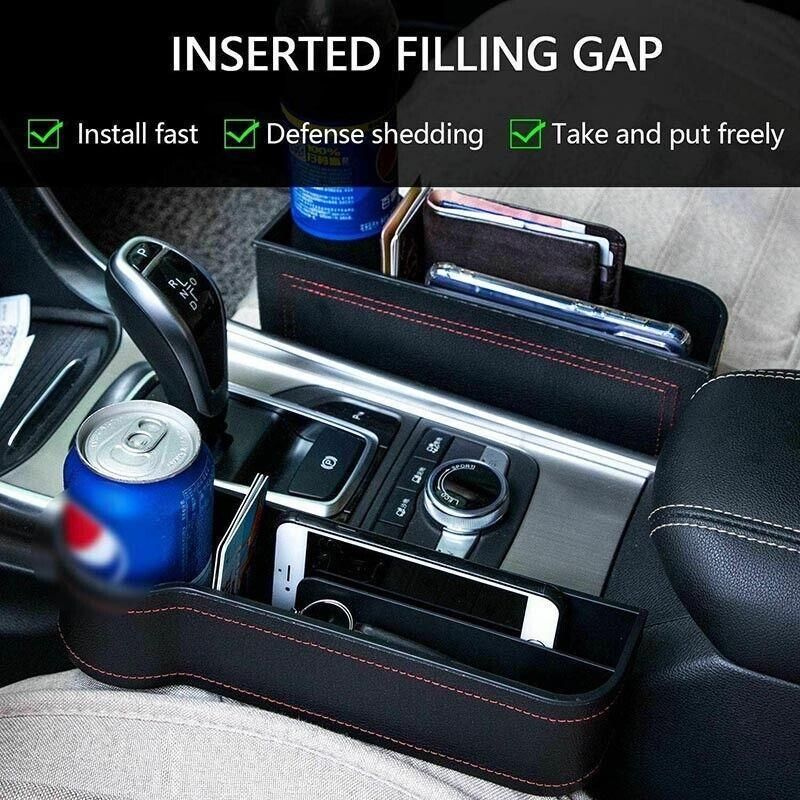 Premium Black PU Leather Car Seat Gap Organiser with Cup Holder