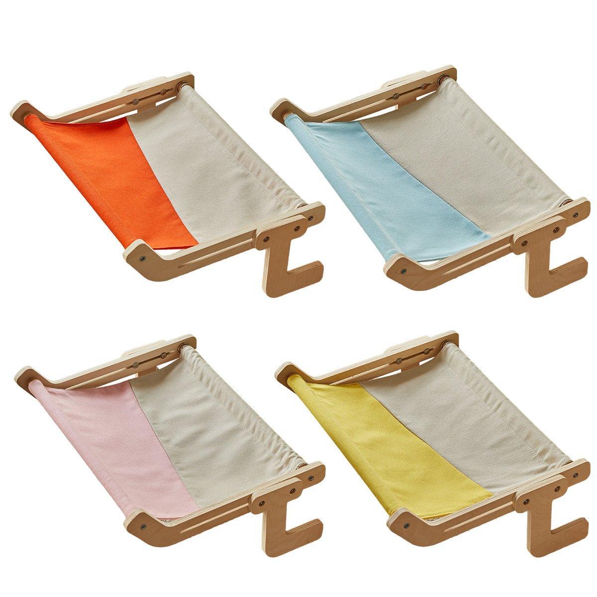 Suspended Cat Hammock - Solid Wood, All-Season, Grey+Yellow, 44.5x34x16 cm