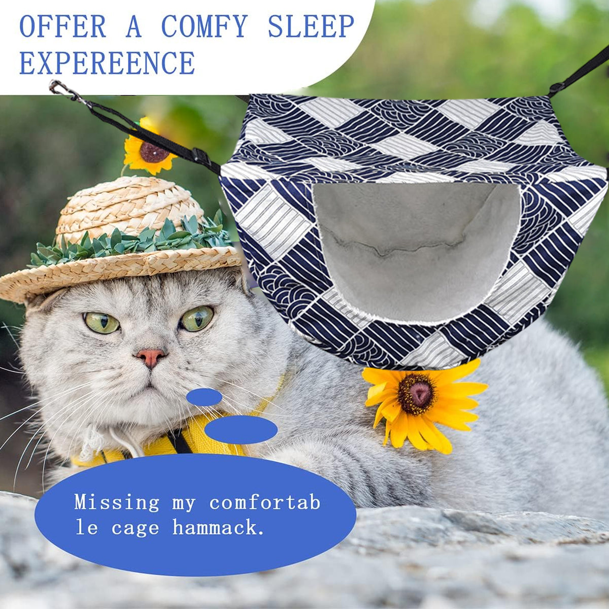Cat Hammock Hanging Bed Cage Nest Soft Pet House Basket Cat Sleeping Supplies - Sea Blue Checkered