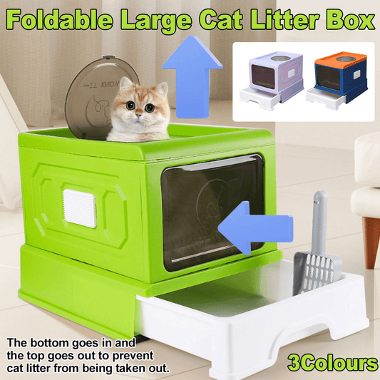 Foldable Enclosed Cat Litter Box 50cm - Drawer Tray, Anti-Splash, Privacy Panels - Blue